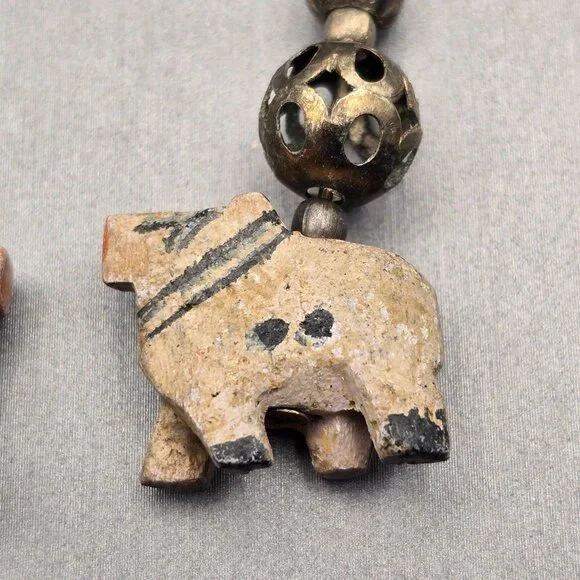 VTG Elephant Dangle Earrings 2.25" Carved Wood & Antique-Style Silver Beads - Picture 7 of 11